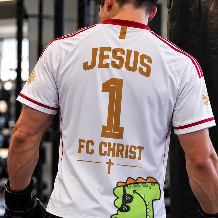 Un maillot blanc porté de dos dans une salle de boxe, floqué « Jesus 1 — FC Christ », un crocodile à lunettes sur le bas.
