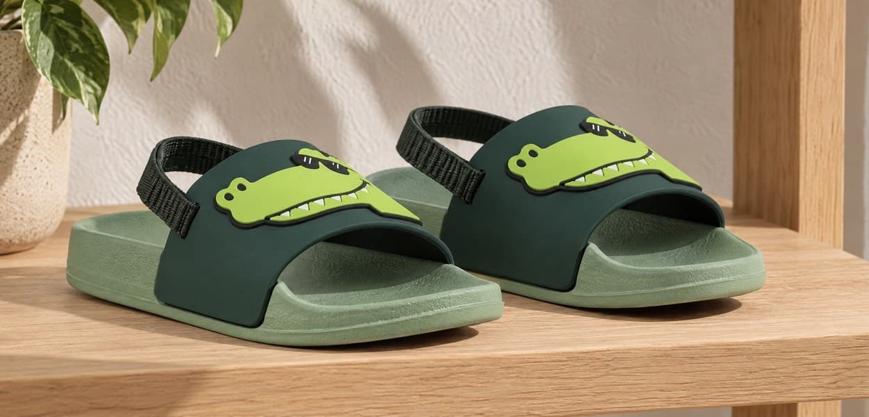 Une paire de claquettes à crocodile posée sur une étagère en bois.