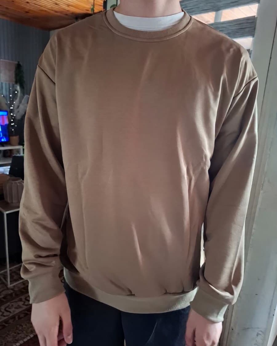 Un sweat beige porté de face, dans un salon.